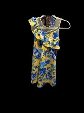 Bonnie Jean Yellow Floral Ruffle Dress with Blue Flowers
